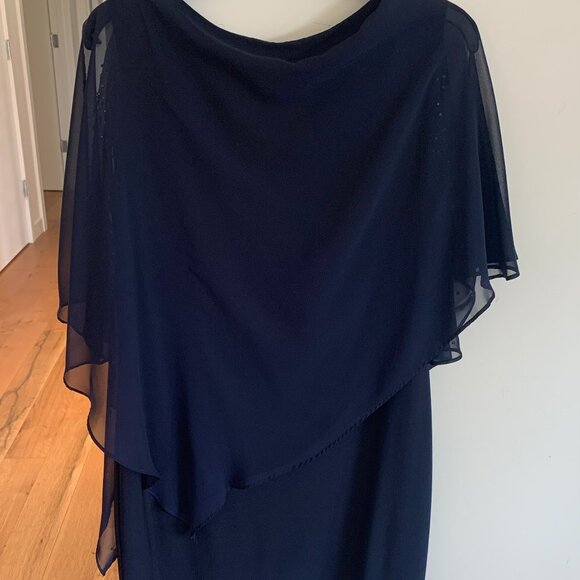 Xcape size Large Navy Knee Length Shift Dress with Beaded Drape. - Picture 7 of 8